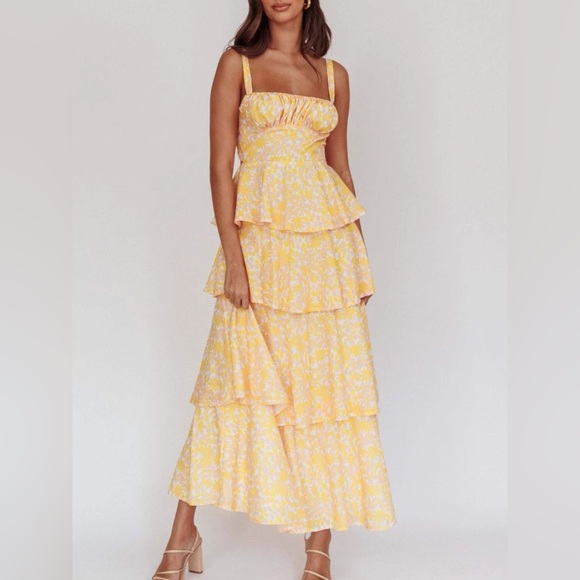 NWT Yellow Tiered Floral Ruffle Maxi Dress – Cottagecore Sundress S-XL - Picture 1 of 6